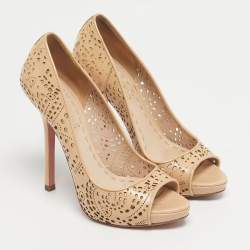 Pre Owned Miu Miu Beige Patent Leather Laser Cut Peep Toe Pumps Size 37.5