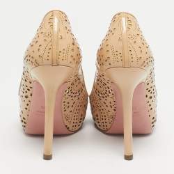 Pre Owned Miu Miu Beige Patent Leather Laser Cut Peep Toe Pumps Size 37.5