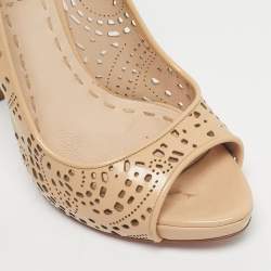 Pre Owned Miu Miu Beige Patent Leather Laser Cut Peep Toe Pumps Size 37.5