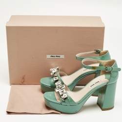 Pre Owned Miu Miu Light Green Patent Leather Crystals Embellished Platform Sandals Size 36.5