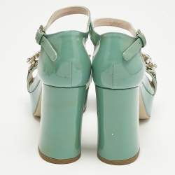 Pre Owned Miu Miu Light Green Patent Leather Crystals Embellished Platform Sandals Size 36.5