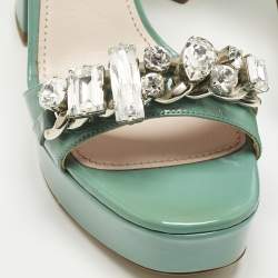 Pre Owned Miu Miu Light Green Patent Leather Crystals Embellished Platform Sandals Size 36.5