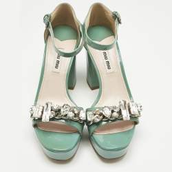 Pre Owned Miu Miu Light Green Patent Leather Crystals Embellished Platform Sandals Size 36.5