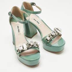 Pre Owned Miu Miu Light Green Patent Leather Crystals Embellished Platform Sandals Size 36.5