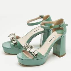 Pre Owned Miu Miu Light Green Patent Leather Crystals Embellished Platform Sandals Size 36.5