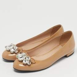 Pre Owned Miu Miu Beige Patent Leather Crystal Embellished Ballet Flats Size 36.5
