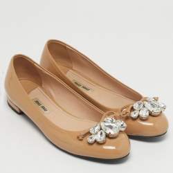 Pre Owned Miu Miu Beige Patent Leather Crystal Embellished Ballet Flats Size 36.5