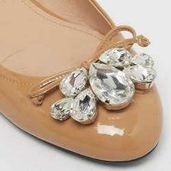 Pre Owned Miu Miu Beige Patent Leather Crystal Embellished Ballet Flats Size 36.5