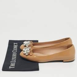 Pre Owned Miu Miu Beige Patent Leather Crystal Embellished Ballet Flats Size 36.5