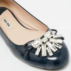 Pre Owned Miu Miu Navy Blue Patent Leather Crystal Embellished Ballet Flats Size 37