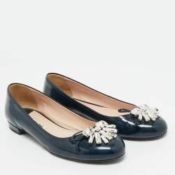 Pre Owned Miu Miu Navy Blue Patent Leather Crystal Embellished Ballet Flats Size 37