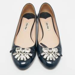 Pre Owned Miu Miu Navy Blue Patent Leather Crystal Embellished Ballet Flats Size 37