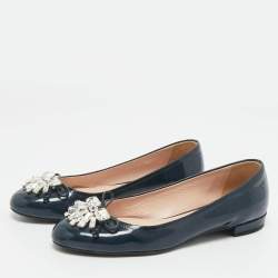Pre Owned Miu Miu Navy Blue Patent Leather Crystal Embellished Ballet Flats Size 37