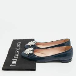 Pre Owned Miu Miu Navy Blue Patent Leather Crystal Embellished Ballet Flats Size 37