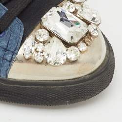 Pre Owned Miu Miu Blue/Black Suede Crystal Embellished Cap Toe Low Top Sneakers Size 39