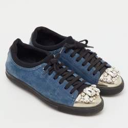 Pre Owned Miu Miu Blue/Black Suede Crystal Embellished Cap Toe Low Top Sneakers Size 39