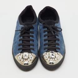 Pre Owned Miu Miu Blue/Black Suede Crystal Embellished Cap Toe Low Top Sneakers Size 39