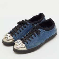 Pre Owned Miu Miu Blue/Black Suede Crystal Embellished Cap Toe Low Top Sneakers Size 39
