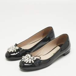 Pre Owned Miu Miu Black Crystal Embellish Patent Leather Ballet Flats Size 36.5
