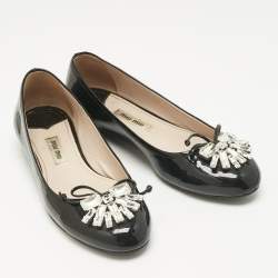Pre Owned Miu Miu Black Crystal Embellish Patent Leather Ballet Flats Size 36.5