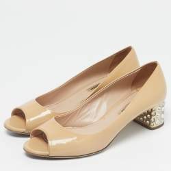 Pre Owned Miu Miu Beige Patent Leather Crystal Embellish Block Heel Pumps Size 38
