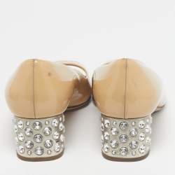Pre Owned Miu Miu Beige Patent Leather Crystal Embellish Block Heel Pumps Size 38