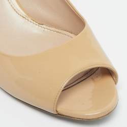 Pre Owned Miu Miu Beige Patent Leather Crystal Embellish Block Heel Pumps Size 38