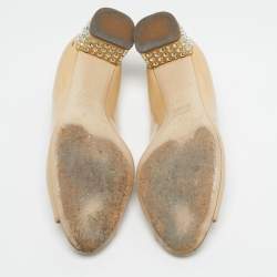 Pre Owned Miu Miu Beige Patent Leather Crystal Embellish Block Heel Pumps Size 38