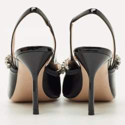 Pre Owned حذاء كعب عالي ميو ميو جلد لامع أسود مزين بالكريستال ومفتوح من الخلف مقاس 38