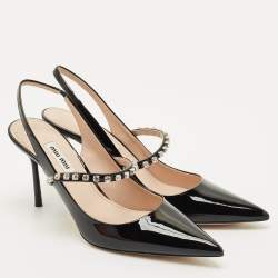 Pre Owned حذاء كعب عالي ميو ميو جلد لامع أسود مزين بالكريستال ومفتوح من الخلف مقاس 38