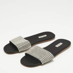 مملوكة مسبقًا Miu Miu Silver Satin Crystal Embellished Flat Slides Size 38