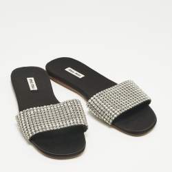 مملوكة مسبقًا Miu Miu Silver Satin Crystal Embellished Flat Slides Size 38
