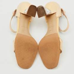 Pre Owned صندل ميو ميو جلد براءات اختراع بيج مزخرف كعب كريستال بحزام للكاحل مقاس 38