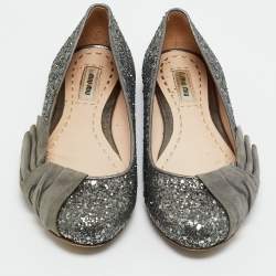 Pre Owned Miu Miu Silver Glitter and Suede Ballet Flats Size 37