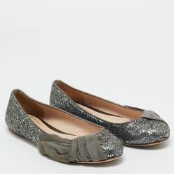 Pre Owned Miu Miu Silver Glitter and Suede Ballet Flats Size 37