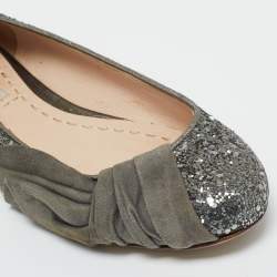 Pre Owned Miu Miu Silver Glitter and Suede Ballet Flats Size 37