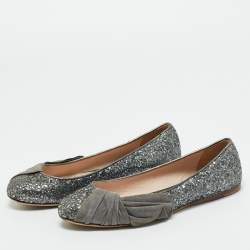 Pre Owned Miu Miu Silver Glitter and Suede Ballet Flats Size 37