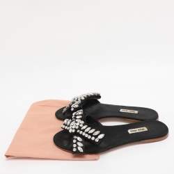 Pre Owned Miu Miu Black Satin Crystal Embellished Bow Slide Sandals Size 37