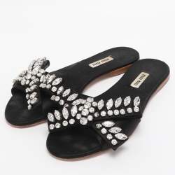 Pre Owned Miu Miu Black Satin Crystal Embellished Bow Slide Sandals Size 37