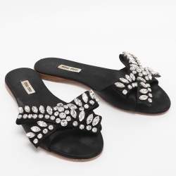 Pre Owned Miu Miu Black Satin Crystal Embellished Bow Slide Sandals Size 37