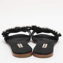 Pre Owned Miu Miu Black Satin Crystal Embellished Bow Slide Sandals Size 37