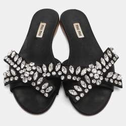 Pre Owned Miu Miu Black Satin Crystal Embellished Bow Slide Sandals Size 37