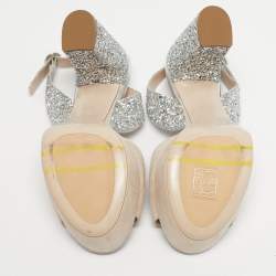 Pre Owned Miu Miu Beige/Beige Glitter and Suede Ankle Strap Sandals Size 36