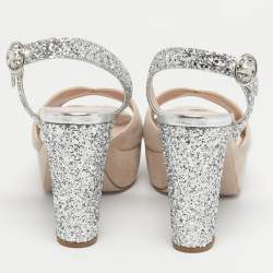 Pre Owned Miu Miu Beige/Beige Glitter and Suede Ankle Strap Sandals Size 36