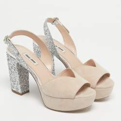 Pre Owned Miu Miu Beige/Beige Glitter and Suede Ankle Strap Sandals Size 36