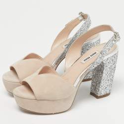 Pre Owned Miu Miu Beige/Beige Glitter and Suede Ankle Strap Sandals Size 36