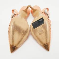 Pre Owned Miu Miu Orange Satin Pearl Crystal Embellished Slingback Pumps Size 36.5