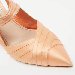 Pre Owned Miu Miu Orange Satin Pearl Crystal Embellished Slingback Pumps Size 36.5