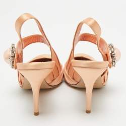 Pre Owned Miu Miu Orange Satin Pearl Crystal Embellished Slingback Pumps Size 36.5