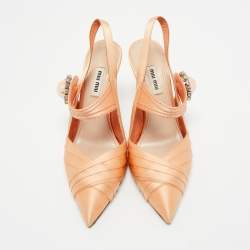 Pre Owned Miu Miu Orange Satin Pearl Crystal Embellished Slingback Pumps Size 36.5